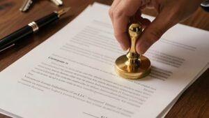 Рука ставит печать на документы, иллюстрируя добровольную ликвидацию ООО пошаговый гайд 2026