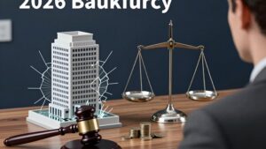 Судебный молоток и разбитая модель офисного здания как символ ликвидации ООО через банкротство